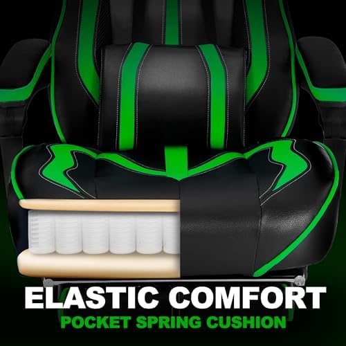 Vonesse Gaming Chair with Footrest, Big and Tall Gamer Chair with Massage, Reclining Computer Gaming Chair for Adults, Ergonomic Game Chair for Teens, High Back Video Game Chairs(Green/Black) - Image 4