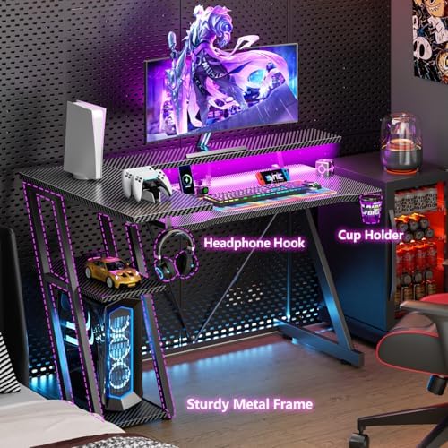 Korfile 40 Inch Gaming Desk with Power Outlet & LED Lights, L Shaped Computer Gaming Table with 3 Tiers Storage Shelves, Corner Gamer Desk with Monitor Stand for Small Space, Carbon Fiber Black - Image 6