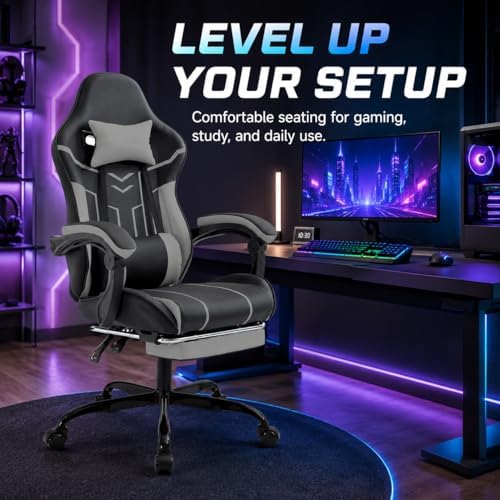 Gaming Desk Chair for Adults, Ergonomic Gaming Chair (Black+Gray) | with Footrest & Headrest and Lumbar Support, Leather Material Height Adjustable computer Video Game Chairs - Image 3