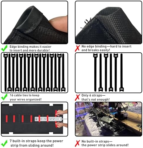 Under Desk Cable Management No Drill – 36" L x 6" W Cord Organizer, Upgraded Silicone Pads (No Scratch), 16 Cable Slots, Washable PE Honeycomb Base, Fits Desks 0–2.1" Thick, Black - Image 4