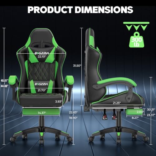 Bigzzia Ergonomic Gaming Chair with Footrest & Breathable PU Leather, Green - Image 3