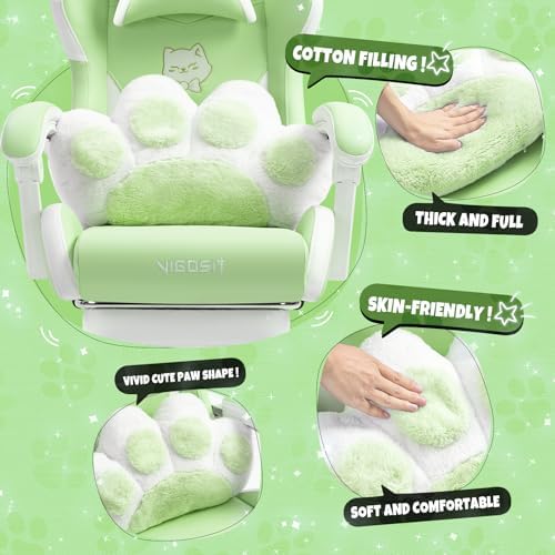 Vigosit Cute Cat Ears Gaming Chair for Women Girls - Ergonomic PU Leather Office Chair with Footrest cat paw Pillow, 360° Swivel Recliner, Green - Image 4