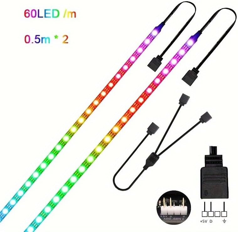 RGB Strip Light for PC Case, 2x19.7in 60LEDs Addressable LED Strip for Motherboard 5V 3-Pin Header Gaming Case DIY Lighting - Image 6