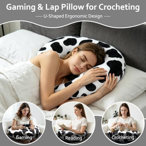 Ergonomic U-Shaped Gaming & Lap Pillow for Crocheting - Cute Cow Pattern Crochet Pillow with Elbow & Arm Support, Lap Desk Pillows for Reading, Playing or Crocheting, Suitable for Adults - Image 6