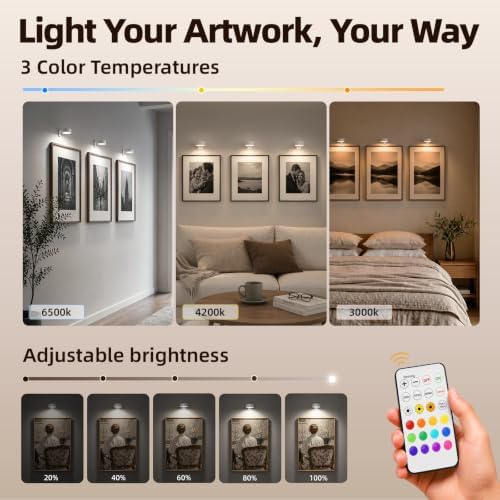EZVALO Picture Lights for Wall, 2000mAh Rechargeable Battery Magnetic Poster Lights with 3 Color Temps & 12 RGB, Remote Dimmable Timer Painting Light, Wall Decor Light for Art Display, Frame (6 Pack) - Image 4