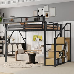KEIKI Queen Size Metal Loft Bed Frame with Convertible Staircase, Built-in Storage Shelves and Wardrobe, Loft Bed with Solid Slats, Guardrail, No Box Spring Required, Easy Assembly, for Bedroom, Black by KEIKI