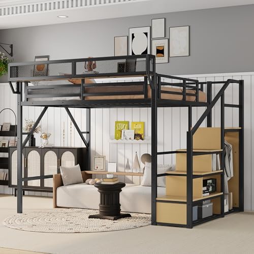 KEIKI Queen Size Metal Loft Bed Frame with Convertible Staircase, Built-in Storage Shelves and Wardrobe, Loft Bed with Solid Slats, Guardrail, No Box Spring Required, Easy Assembly, for Bedroom, Black by KEIKI
