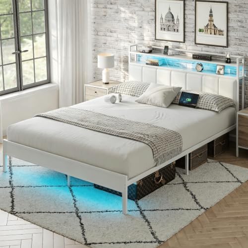 Queen Size Bed Frame with Upholstered Headboard and 2-Tier Storage Shelves - Image 4