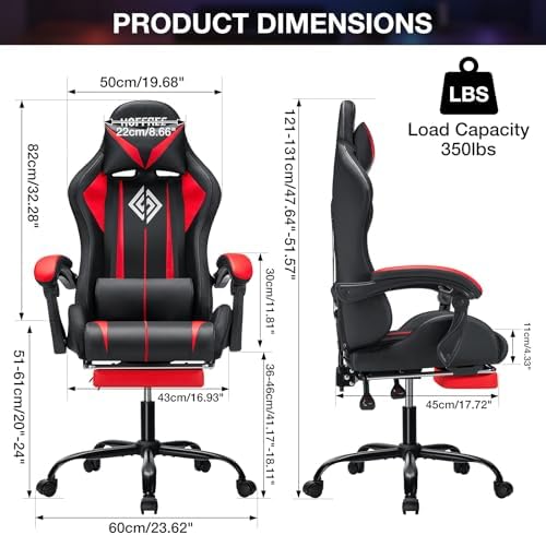 HOFFREE LED Gaming Chair with Massage RGB Lights Computer Game Chair-Red | Ergonomic Reclining Gamer Chair with Footrest High Back Video Game Chair with Adjustable Lumbar Support Linkage Armrest - Image 3
