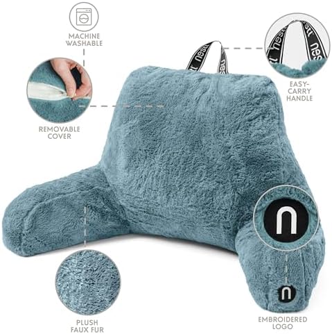 Nestl Fur Reading Pillow, Stylish Back Pillow for Bed Sitting Up, Faux Fur Bed Chair Pillow with Arms, Reading Pillows for Sitting in Bed Adult & Kids, Back Support Pillow for Bed Rest - Stone Blue - Image 4