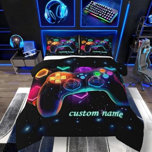 Erosebridal Customized Game Consoles Toddler Bedding Sets for Boys, Personalized Gaming Comforter Sets, Space Geometric Kids Comforter Set, Red Green Blue Teal, Game Room Decor, Gamer Gifts by Erosebridal