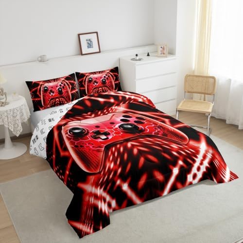 Feelyou Gamer Bedding Set Toddler Size Kids Gaming Comforter Set for Boys Girls Teens Game Room Decor Red Black Geometric Game Controller Duvet Quilt - Image 2