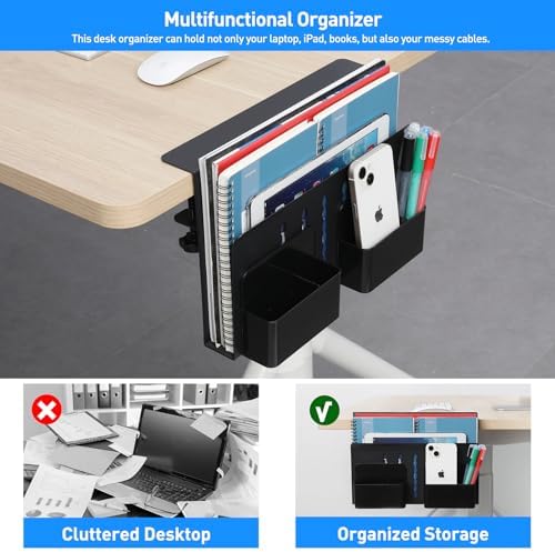 MAXECHO Desk Side Storage, Under Desk Laptop Mount, Table Side Hanging File Organizer, No Drill Clamp On Cable Management Tray, Laptop Holder with Magnetic Pen Holder for Office and Home, Load 22 Lbs - Image 3
