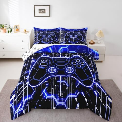 Feelyou Kids Blue Gamer Bedding Set King Size, Honeycomb Gaming Comforter Set Boys Girls Modern Game Console Comforter Gamepad Teens Duvet Set Bedroom Decor Bed Set 3Pcs by Feelyou