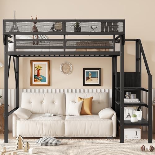 KEIKI Twin Size Metal Loft Bed Frame with Convertible Staircase, Built-in Storage Shelves & Wardrobe, Loft Bed with Solid Slats & Guardrail, No Box Spring Required, Easy Assembly, for Bedroom, Black - Image 3