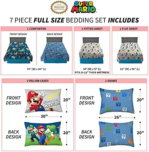 Super Mario Kids Bedding Set, Full Size 7 Piece Comforter and Sheet Set with Sham, (Officially Licensed Product) by Franco - Image 4