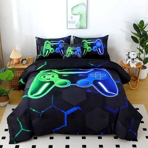 Gaming Twin Bedding Sets for Boys, Green and Blue Gamer Kids Comforter Set, 6 Pieces Game Console Bedding Comforter Sheet Set (Green Blue, Twin) by BYHOFMLY
