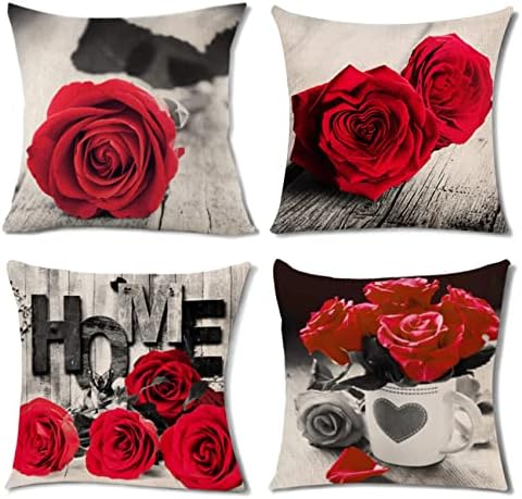 Red Christmas Pillow Covers for Couch Living Room Decor 20x20" Set of 4, Cotton Linen Square Rose Floral Throw Pillow Cover Black Gray Flower Decorative Cushion Case Sofa Bed Bedroom Home Decorations by YOOOAHU