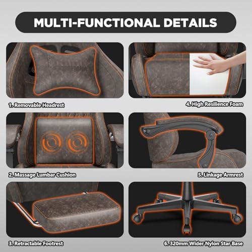 Ferghana Vintage PU Leather Gaming Chair, Ergonomic Gamer Chair with Massage, High Back Computer Office Chair with Footrest for Adults, Racing Style Reclining Video Game Chair (Brown) - Image 5