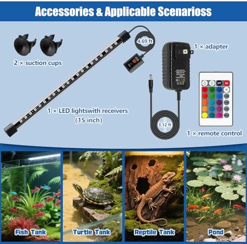 LED Aquarium Light with IP68 Waterproof and Memory Function Submersible Fish Tank Light with Remote and 16 Colors 15 Inches Brightness Adjustable Underwater Light Bar for Fish Tank Aquarium - Image 7