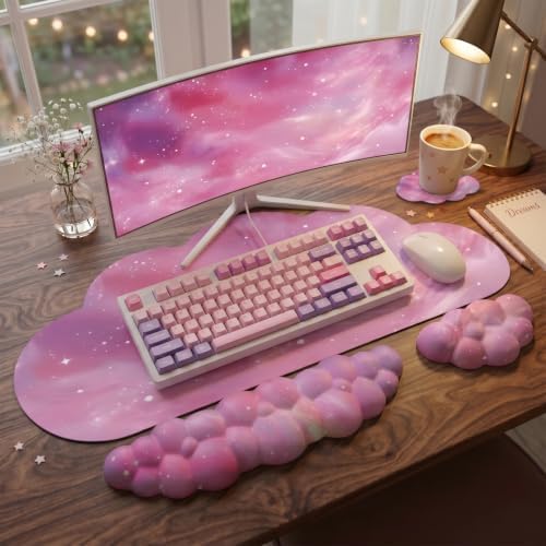 Cloud Mouse Pad Keyboard Wrist Rest for Mouse 4PCS Extended Large Galaxy Space Desk Mat Pad Set Memory Foam Non-Slip Cute Ergonomic Game Mouse Wrist Support for Computer Home Office Pink Starry Sky - Image 5