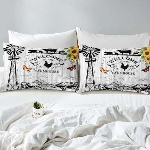 Farmhouse Windmill Comforter Set Full Size Rustic Farm Barn Door Bedding Comforter Sets for Cowboy Cowgirl, Vintage Western Cow Gifts Bedding Room Decor Butterfly Sunflowers Wooden Plank Duvet Insert - Image 6