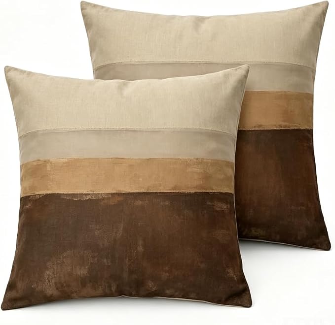 Linen Throw Pillow Covers Set of 2, 18x18in Stripe，Set of 2 Neutral Gradient Horizontal Stripe Linen Throw Pillow Covers 18x18 Boho Cushion Cases by Unknown