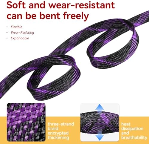 Braided Cable Sleeve, 16.4ft Expandable Mesh Cable Management Sleeve, Wear-Resistant Cord Protectors from Pets No Chew Flexible Wire Sleeving for Audio Video (Black and Purple, 1/4") - Image 3