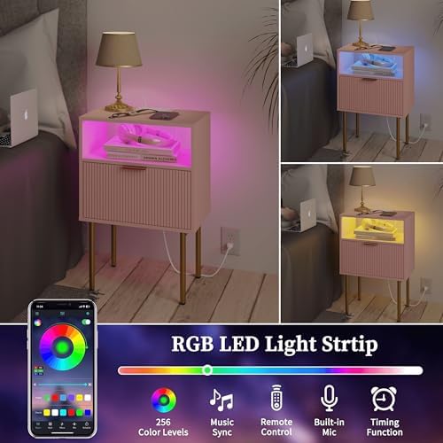 JOONEE Modern Nightstand with Charging Station and LED Lights, White Bedside Table with Drawer, Fluted Side Table for Living Room, Bedroom - Image 5