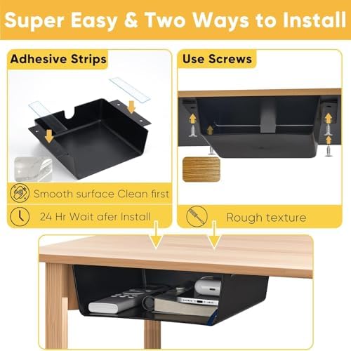 2 Pack Under Desk Hanging Shelf Drawer Organizer, Attachable Plastic Hidden Storage Tray, Easy Adhesive Mount Holder for Standing Tables, Office, Counters, Cabinets, Workstations - Black - Image 5