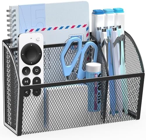 YINGHUA 3 Compartment Magnetic Metal Mesh Pen Holder, Black Desk Caddy by YINGHUA