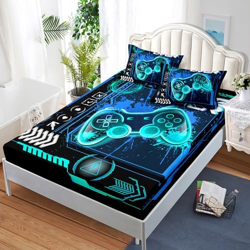 AILONEN Gamer Fitted Sheet Set Full Size, Blue Game Controller Boys Bedding Set Decor,Gamer Bed Sheet Set 3 Pieces Boys Sheet Set,Video Game Fitted Sheet and 2 Pillowcases - Image 3