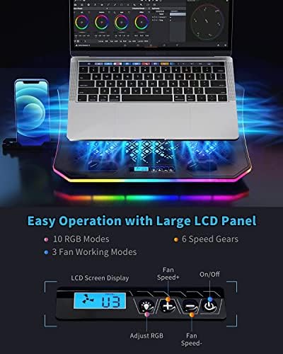 KeiBn Upgarde Laptop Cooling Pad, RGB Lights Laptop Cooler 6 Fans for 15.6-17.3 Inch Laptops, 7 Height Stands, 10 Modes Light, 2 USB Ports, Desk or Lap Use (A8,Blue) - Image 3