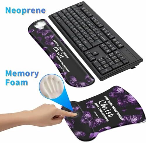 3-in-1 Ergonomic Mouse Pad with Wrist Support, Memory Foam Keyboard Wrist Rest Pad Set & Coaster, Non-Slip Base Desk Mat with Purple Butterfly Bible Verse for Office Home Computer & Laptop - Image 4
