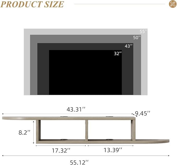 55-Inch Floating TV Stand, Wall Mounted Entertainment Center, Grey - Image 2