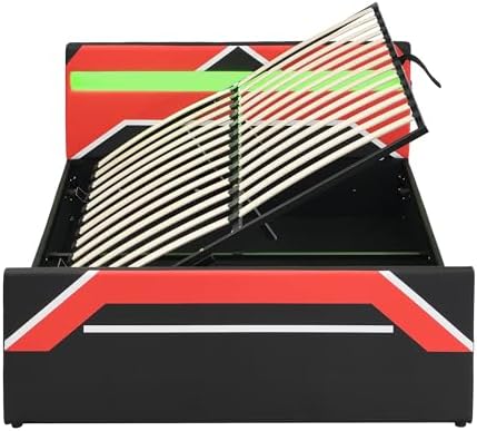 Merax Queen Size Gaming Bed with Built-in 7-Color LED Lighting Headboard, Side-Lift Hydraulic Storage Platform Bed, Cyberpunk Style, No Box Spring Needed, Black+Red - Image 5