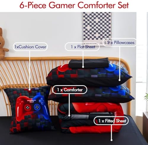 PERFEMET 6 Pieces Gaming Bedding Sets Full Size Red and Blue Gamer Comforter Set for Boys Girls Soft Fluffy 3D Cool Video Game Kids Bed in A Bag for All Seasons(Red Blue, Full) - Image 3