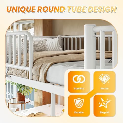 KEIKI Queen Size Metal Loft Bed Frame with L-Shaped Desk, White - Image 6