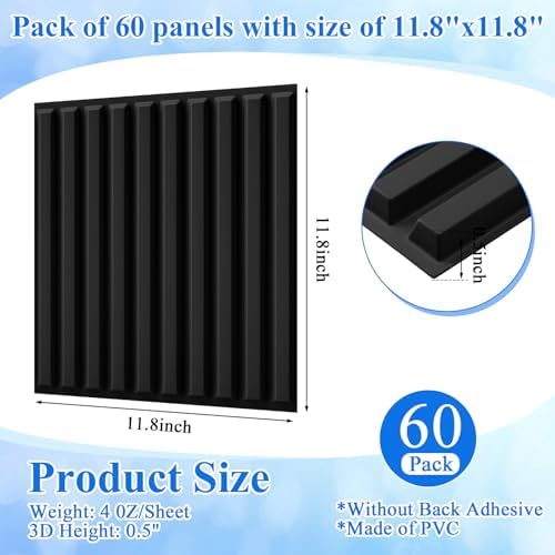 Nuanchu 60 Pcs 3D Wall Panels, 12"x12" PVC Fluted Tiles, Black - Image 2