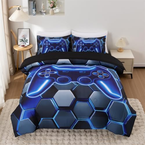 NTBED 3D Gaming Comforter Set for Boys Kids Teens,5pcs Gamer Bedding Sets with Sheet,Game Console Bed in a Bag (Blue, Full) - Image 2