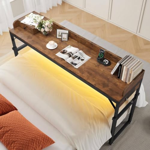 HOOBRO Overbed Table with Wheels, Rolling Table with Outlets & Light Strip for Queen Bed, Mobile Bed Desk & Drawer and Adjustable Height, Giant Computer Desk for Living Room, Rustic Brown BF180UDDN01 by HOOBRO