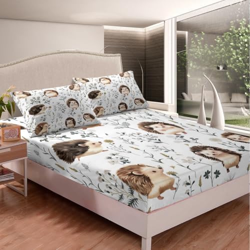 Erosebridal Cute Hedgehog King Size Sheet Set, Animal Pattern Sherpa, 4 Piece Set, Microfiber, Breathable, Unique Kawaii Leaves Branch Design Decor - Image 3
