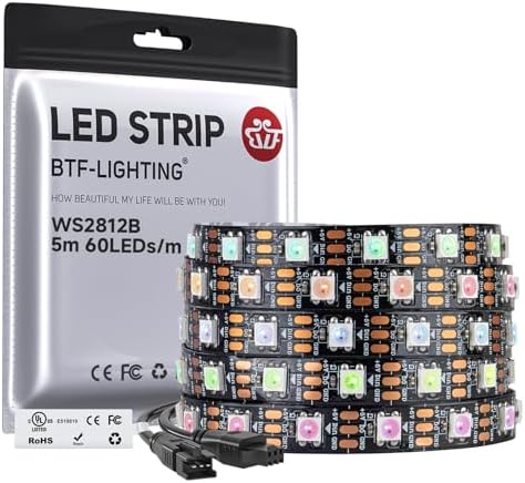 BTF-LIGHTING WS2812B IC RGB LED Strip,UL Listed,Pure Gold Wires,DC5V 16.4FT 300LED 5050SMD,Individually Addressable,Flexible for DIY Chasing Full Color Project,3M Tape,IP30(No Adapter or Controller) by BTF-LIGHTING