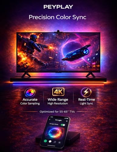 TV Backlight with Camera, Fish-Eye Correction Sync to 55-65 Inch TVs, 11.8ft RGB+IC LED Strip Lights, 3 Colors in 1 Lamp Bead, Voice & APP Control - Image 6