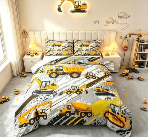 Boys Construction Comforter Set Truck Bedroom Decor for Kids Girls Under Construction Vehicles Down Comforter Nursery Children Cartoon Machinery Truck Excavator Bedding Tractor Cars Duvet Quilt,Full by Erosebridal