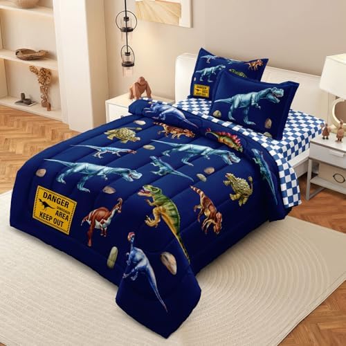 Kid Twin Comforter Set - 5 Pcs Dinosaur Bedding Set for Boys, Blue - Image 2