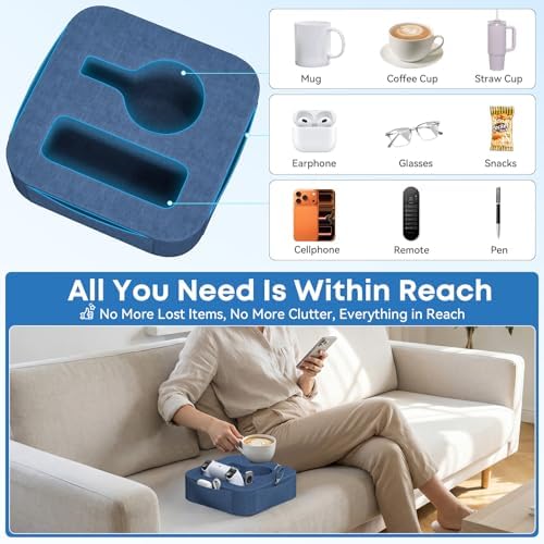 Couch Cup Holder Pillow, Couch Caddy for Drink, Snack, Phone, Remote, Game Controller, Removable and Washable Cup Cozy Pillow, Small Sofa Cup Holder Tray for Bed, Car, Desk, Sofa, Blue - Image 2