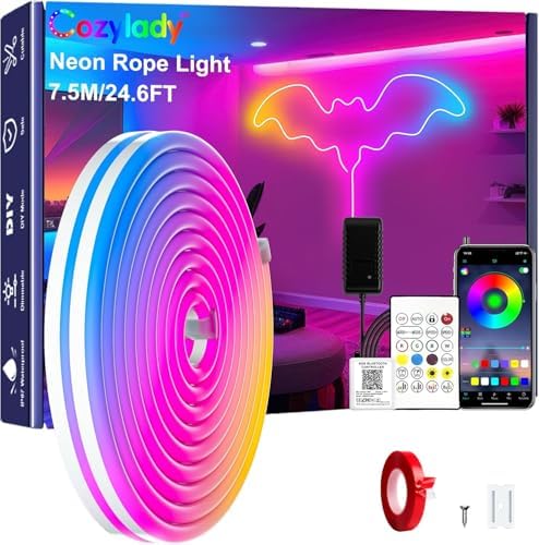 Cozylady RGB Neon Light LED Rope Light,Waterproof Bluetooth APP Remote Control Music Sync Strip Light,24V Flexible DIY Silicone Light for Bedroom Home Indoor Outdoor Decoration (25Ft/7.5M) by CozyladyInc