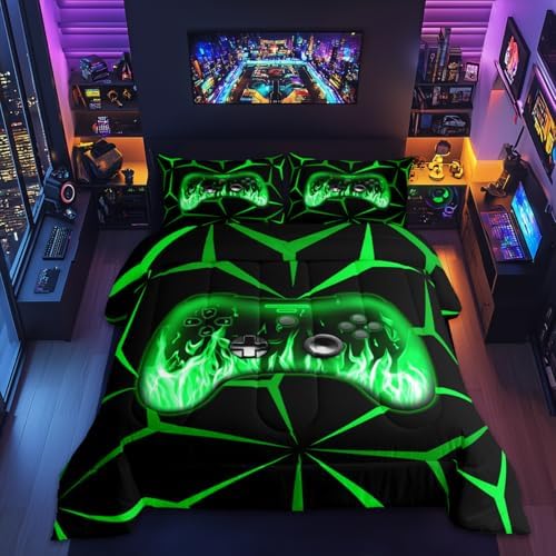 Feelyou Kids Gamer Comforter Set,3D Video Gaming Bedding Set Toddler Size for Teens Boys,Green and Black Game Console Comforter,Geometric Game Contoller Bed Set All Season for Game Lovers by Feelyou