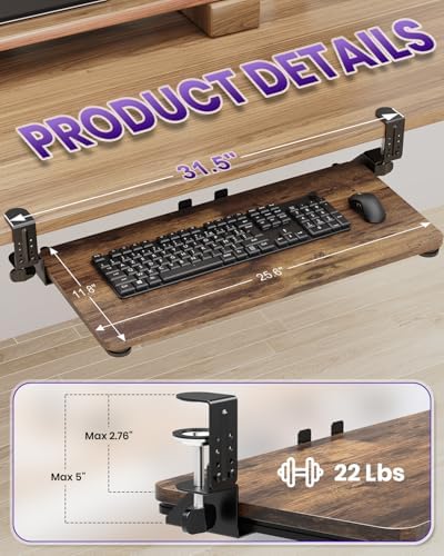 Ergonomic Keyboard Tray Under Desk, 25.6x11.8 Inch Board, Brown - Image 6